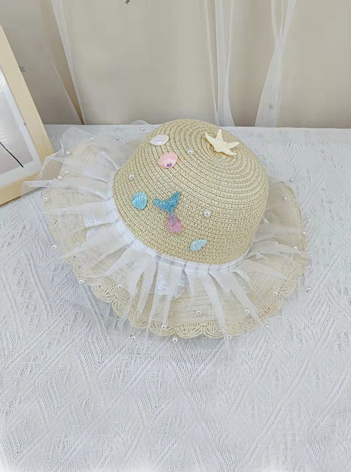 Seaside Pearl Shell Mermaid Decoration Dome Lace Princess Kids Classic Lolita Straw Hat