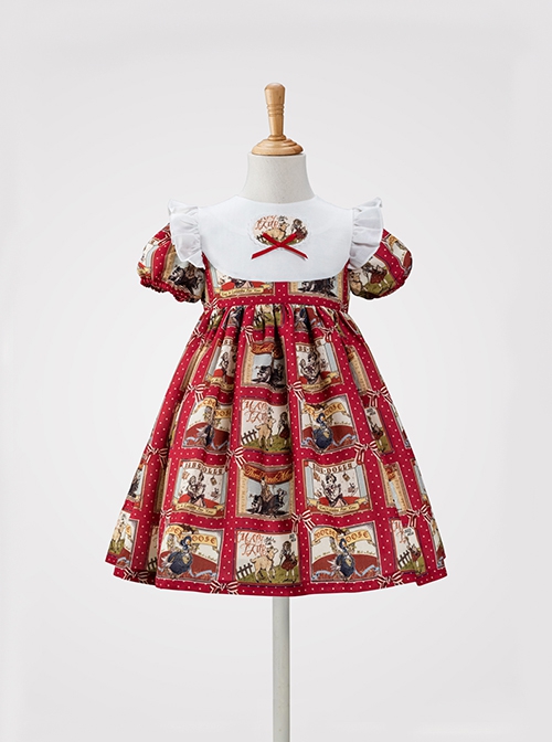 Retro Red Plaid Cartoon Animation Print Decoration Cute Doll Neckline Pleated Puff Cuffs Kids Classic Lolita Dress