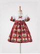 Retro Red Plaid Cartoon Animation Print Decoration Cute Doll Neckline Pleated Puff Cuffs Kids Classic Lolita Dress