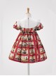 Retro Red Plaid Cartoon Animation Print Decoration Cute Doll Neckline Pleated Puff Cuffs Kids Classic Lolita Dress