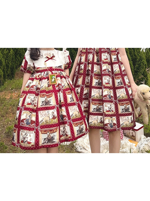 Retro Red Plaid Cartoon Animation Print Decoration Cute Doll Neckline Pleated Puff Cuffs Kids Classic Lolita Dress