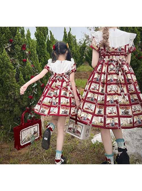 Retro Red Plaid Cartoon Animation Print Decoration Cute Doll Neckline Pleated Puff Cuffs Kids Classic Lolita Dress