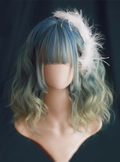 Playful Personality Blue-Green Gradient Wavy Curl Air Bangs Decoration Classic Lolita Short Wigs