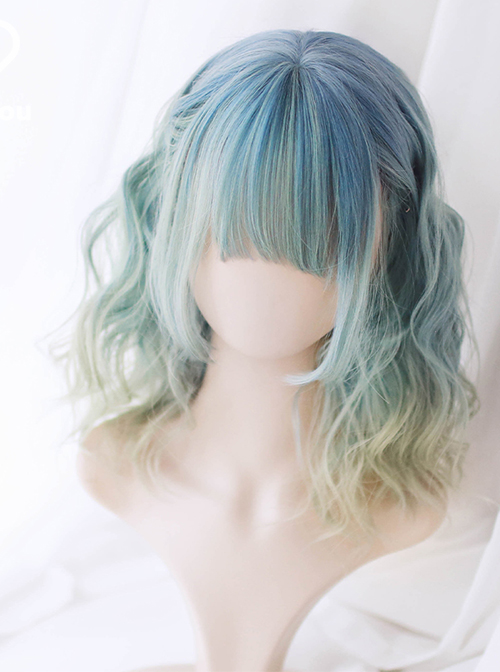 Playful Personality Blue-Green Gradient Wavy Curl Air Bangs Decoration Classic Lolita Short Wigs