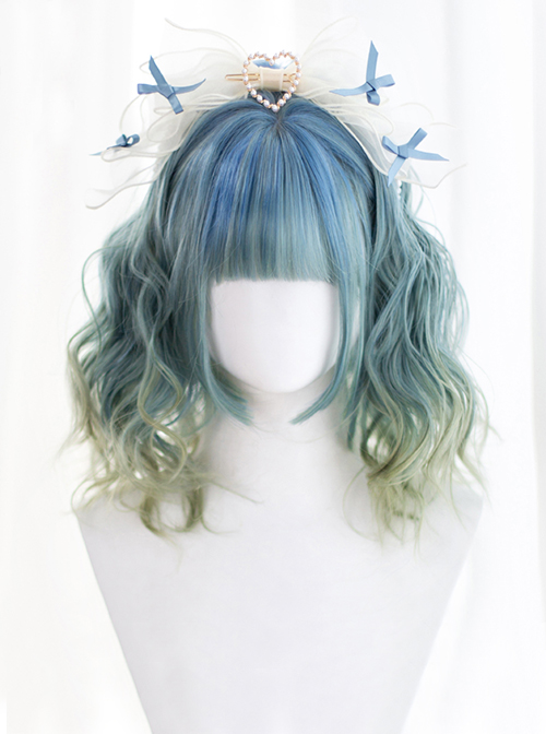 Playful Personality Blue-Green Gradient Wavy Curl Air Bangs Decoration Classic Lolita Short Wigs