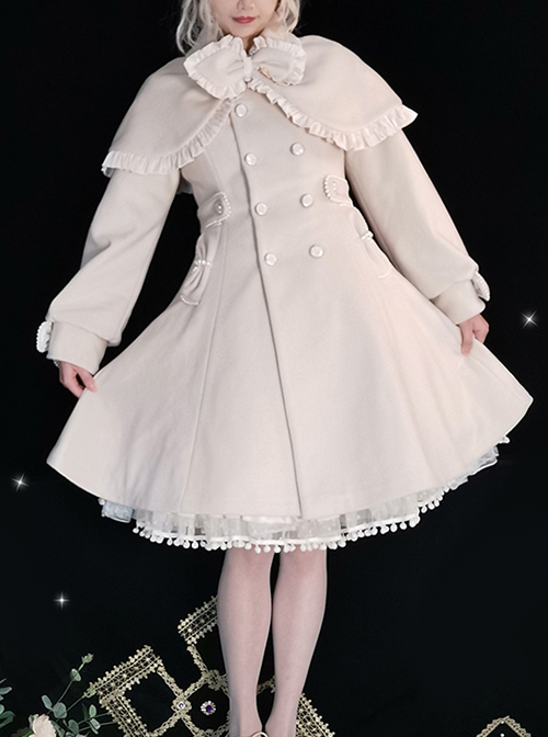 Grace White Wool Plush Double-Breasted Design Cute Bow Shawl Decoration Classic Lolita Long Coat