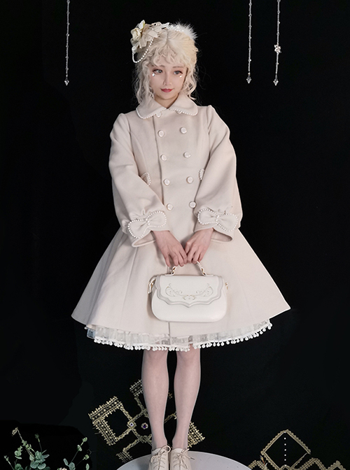 Grace White Wool Plush Double-Breasted Design Cute Bow Shawl Decoration Classic Lolita Long Coat