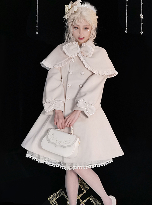Grace White Wool Plush Double-Breasted Design Cute Bow Shawl Decoration Classic Lolita Long Coat