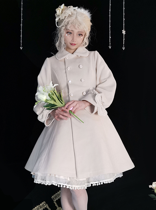 Grace White Wool Plush Double-Breasted Design Cute Bow Shawl Decoration Classic Lolita Long Coat