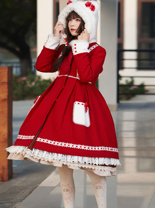 Classic Lolita Simple Solid Color Bear Ear Design Plush Jacquard Lace Bow Decoration Long Coat