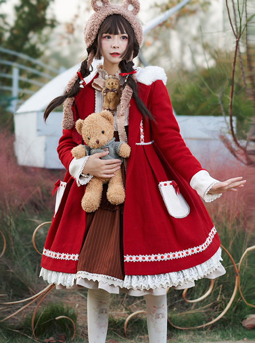 Classic Lolita Simple Solid Color Bear Ear Design Plush Jacquard Lace Bow Decoration Long Coat