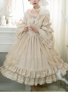 Retro Court Style Delicate Lace Jacquard Design Pleated Lace Trim Bow Knots Flared Sleeves Classic Lolita Dress