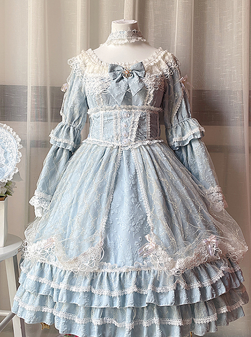 Retro Court Style Delicate Lace Jacquard Design Pleated Lace Trim Bow Knots Flared Sleeves Classic Lolita Dress