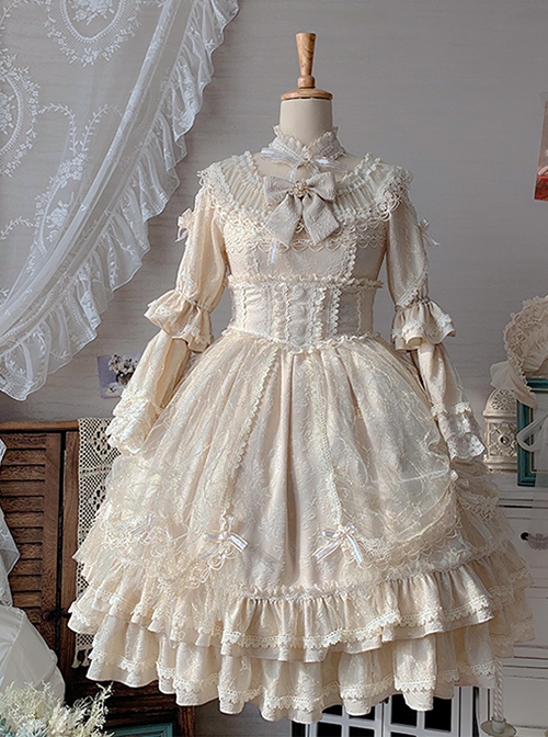 Retro Court Style Delicate Lace Jacquard Design Pleated Lace Trim Bow Knots Flared Sleeves Classic Lolita Dress