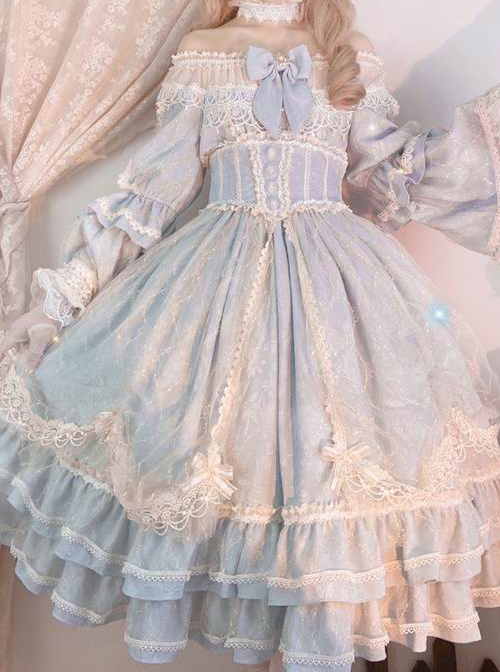 Retro Court Style Delicate Lace Jacquard Design Pleated Lace Trim Bow Knots Flared Sleeves Classic Lolita Dress