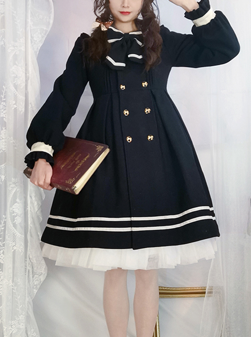 Naval Academy Style Bow Knots Double-Breasted Design Navy Square Collar Classic Lolita Long Sleeve Coat