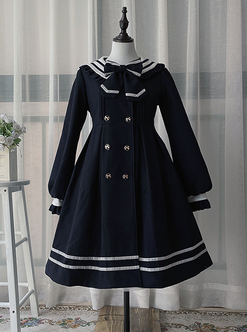 Naval Academy Style Bow Knots Double-Breasted Design Navy Square Collar Classic Lolita Long Sleeve Coat