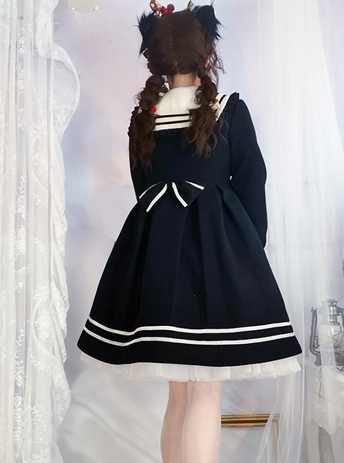 Naval Academy Style Bow Knots Double-Breasted Design Navy Square Collar Classic Lolita Long Sleeve Coat