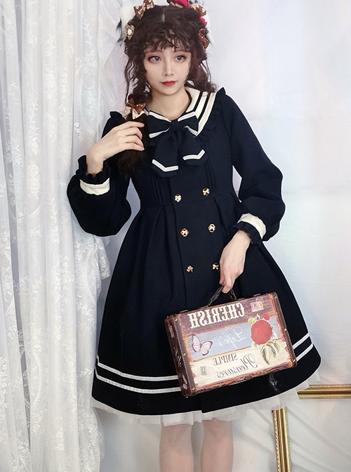 Naval Academy Style Bow Knots Double-Breasted Design Navy Square Collar Classic Lolita Long Sleeve Coat