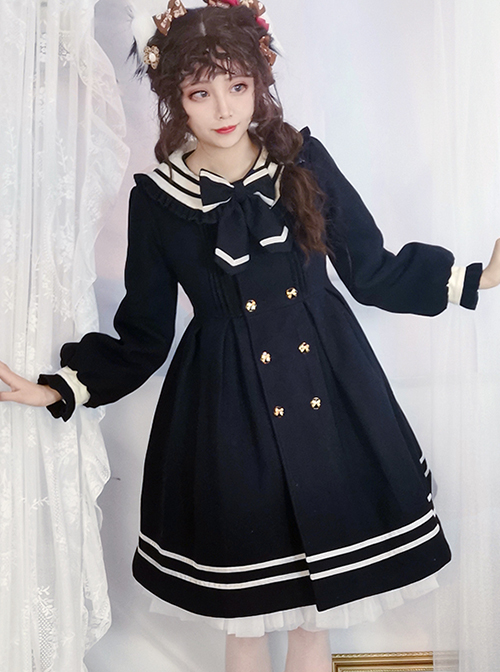 Naval Academy Style Bow Knots Double-Breasted Design Navy Square Collar Classic Lolita Long Sleeve Coat