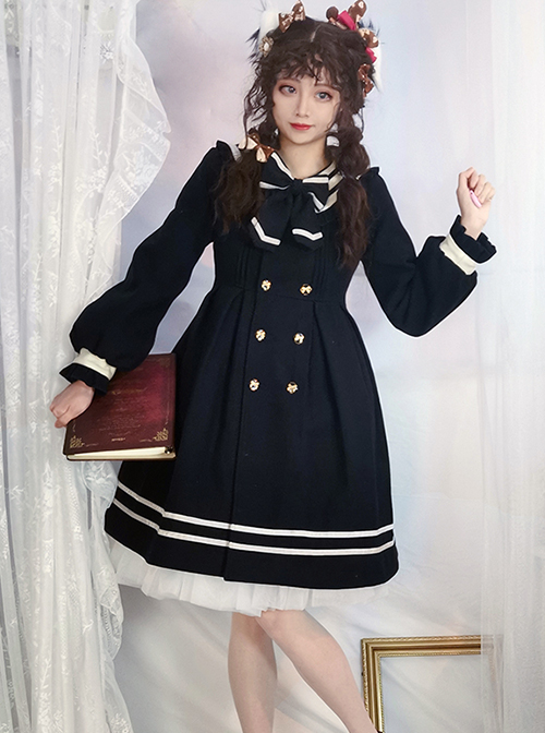 Naval Academy Style Bow Knots Double-Breasted Design Navy Square Collar Classic Lolita Long Sleeve Coat