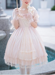 Elegant And Delicate Lace Floral Jacquard Pleated Ruffled Square Neckline Bow Knot Trim Classic Lolita Short Sleeve Dress