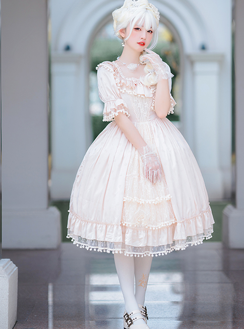 Lotus Campus, New Chinese Fashion Lolita Long Sleeves False 2pcs One-Piece,  Lace Short Cape, Ethereal Skirt Piece & Handmade Beret, Refined 4pcs Dress