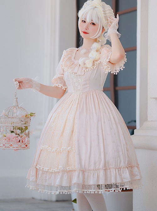 Lotus Campus, New Chinese Fashion Lolita Long Sleeves False 2pcs One-Piece,  Lace Short Cape, Ethereal Skirt Piece & Handmade Beret, Refined 4pcs Dress