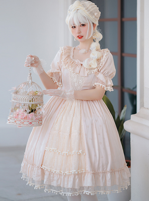 Elegant And Delicate Lace Floral Jacquard Pleated Ruffled Square Neckline Bow Knot Trim Classic Lolita Short Sleeve Dress
