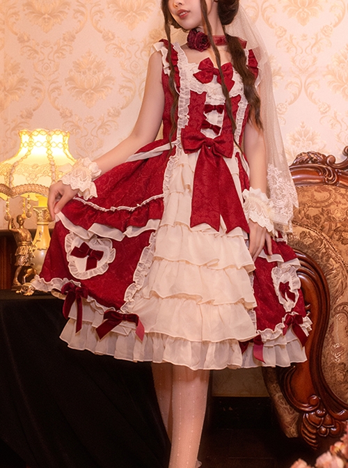 Classic Lolita Pleated  Lace Trim Layered Pleated Hem Heart Shaped Bow Knots Decoration Sleeveless Dress
