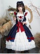 Delicate Print Ornament Pleated Lace Red Bow Knot Design Cross Tie Jacquard Lace Classic Lolita Dress