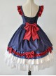 Delicate Print Ornament Pleated Lace Red Bow Knot Design Cross Tie Jacquard Lace Classic Lolita Dress