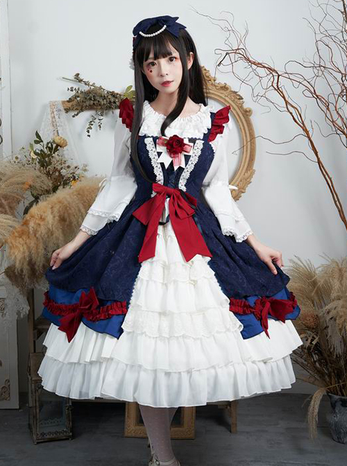 Delicate Print Ornament Pleated Lace Red Bow Knot Design Cross Tie Jacquard Lace Classic Lolita Dress