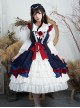 Delicate Print Ornament Pleated Lace Red Bow Knot Design Cross Tie Jacquard Lace Classic Lolita Dress