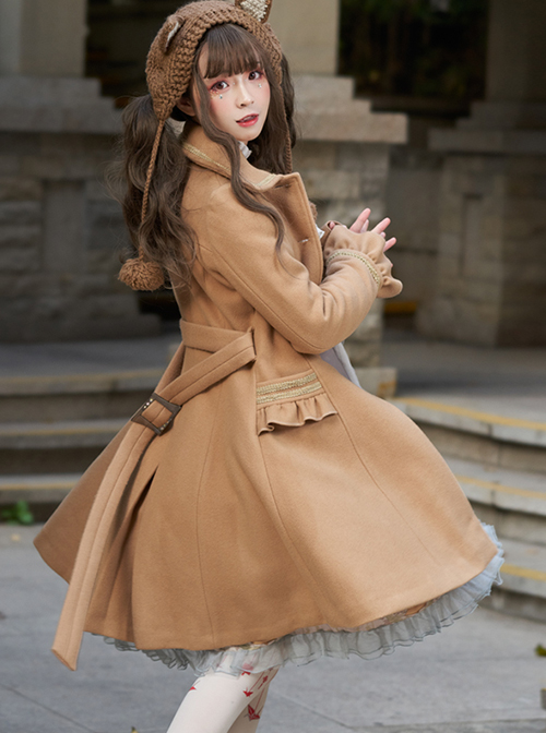 Vintage British Style Pleated Ruffle Trim Decoration Tie Bow Knot Classic Lolita Cape Coat