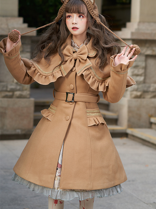 Vintage British Style Pleated Ruffle Trim Decoration Tie Bow Knot Classic Lolita Cape Coat