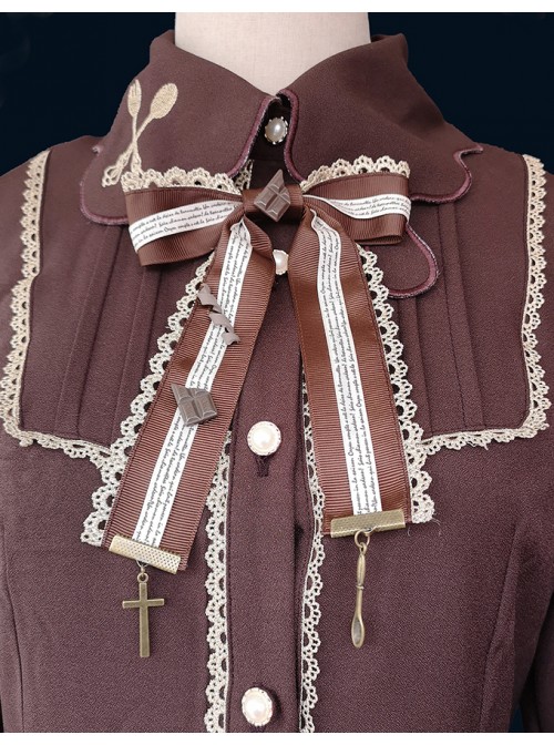 Delicate Embroidery Decoration Irregular Cut Stand Collar Design Bow Knot Long Sleeve Classic Lolita Shirt