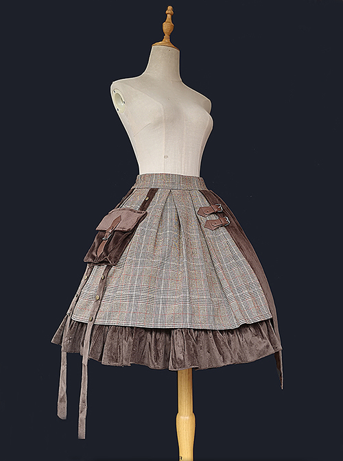 Retro Style Classic Check Design Coffee Color Decorative Bag Irregular Hem Metal Belt Buckle Classic Lolita Skirt