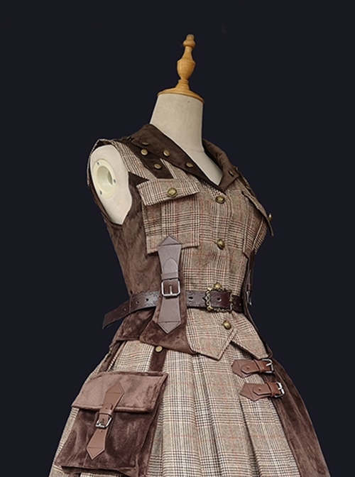 Classic British Style Plaid Trim Metal Buckle Pocket Decoration Lapel Classic Lolita Sleeveless Vest