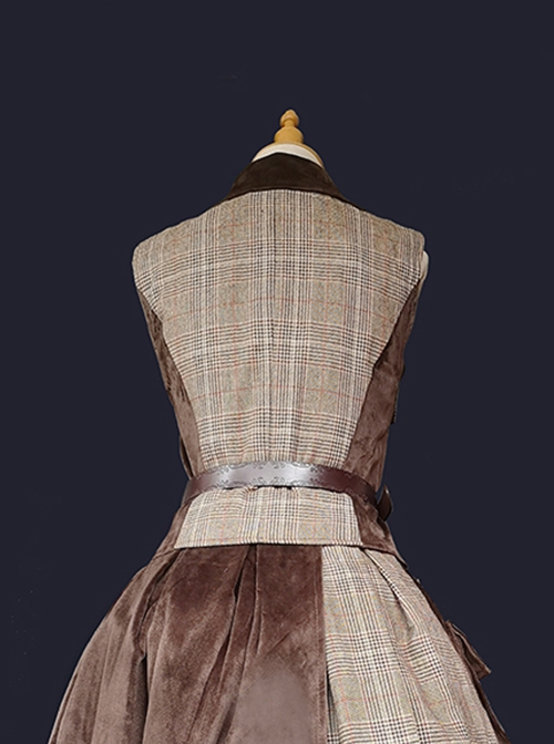 Classic British Style Plaid Trim Metal Buckle Pocket Decoration Lapel Classic Lolita Sleeveless Vest