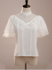 White Layered Pleated Lace Jacquard V Neckline Design Elegantly Ruffled Short Sleeves Bow Knot Classic Lolita Shirt