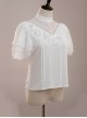 White Layered Pleated Lace Jacquard V Neckline Design Elegantly Ruffled Short Sleeves Bow Knot Classic Lolita Shirt