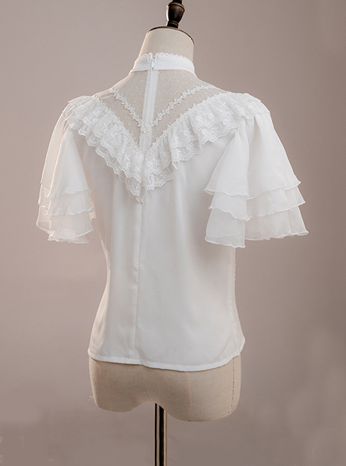White Layered Pleated Lace Jacquard V Neckline Design Elegantly Ruffled Short Sleeves Bow Knot Classic Lolita Shirt