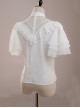 White Layered Pleated Lace Jacquard V Neckline Design Elegantly Ruffled Short Sleeves Bow Knot Classic Lolita Shirt