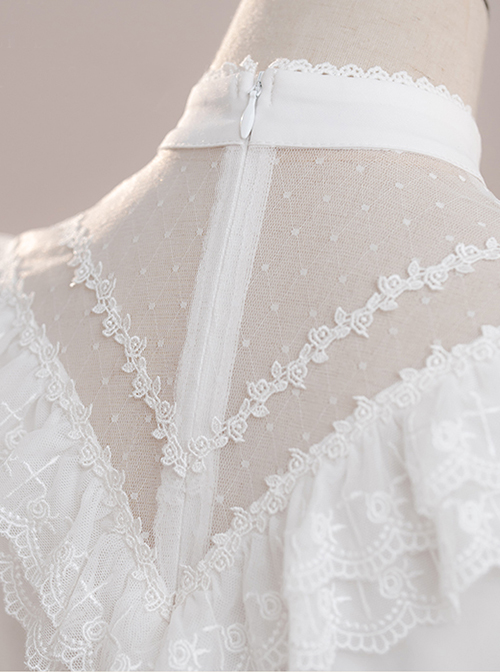 White Layered Pleated Lace Jacquard V Neckline Design Elegantly Ruffled Short Sleeves Bow Knot Classic Lolita Shirt