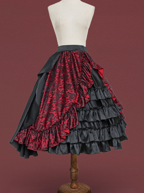 Dark Gothic Style Lace Jacquard Trim Multi-Layer Irregular Pleated Hem Decoration Lolita Skirt