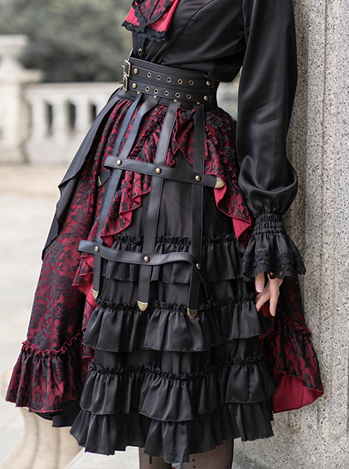 Dark Gothic Style Lace Jacquard Trim Multi-Layer Irregular Pleated Hem Decoration Lolita Skirt