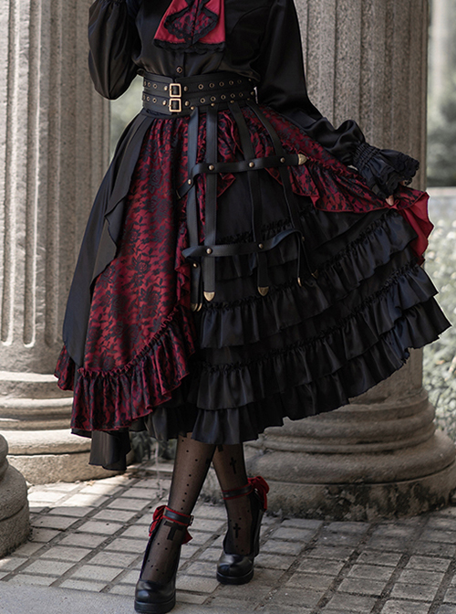 Dark Gothic Style Lace Jacquard Trim Multi-Layer Irregular Pleated Hem Decoration Lolita Skirt