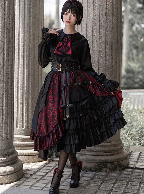 Dark Gothic Style Lace Jacquard Trim Multi-Layer Irregular Pleated Hem Decoration Lolita Skirt