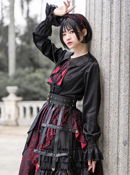 Black Simple Daily Lotus Leaf Neckline Design Gothic Lolita Long Sleeve Shirt